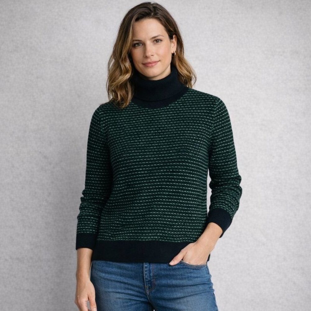 J. Crew Womens Turtleneck Ski Sweater Navy Blue Green Striped Soft Pullover Sz M